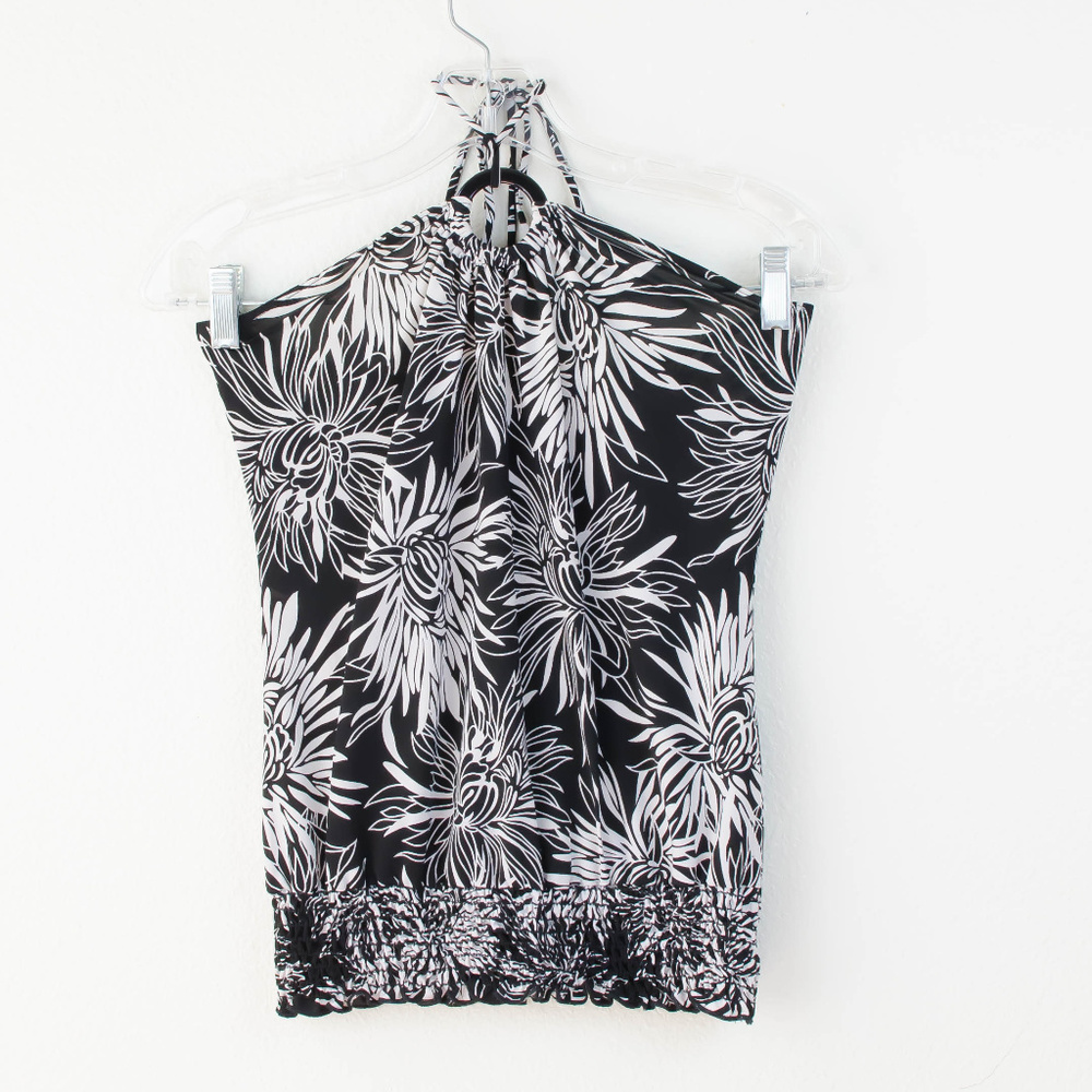 Y2K Floral Halter Top Black and White Tropical Hawaiian Vacation Size Medium